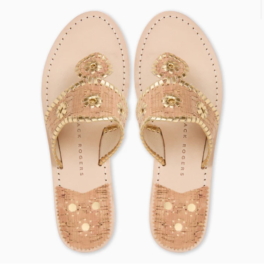 Jack Rogers Gold Cork Leather Thong Sandals NEW WITHOUT BOX